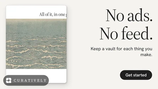 Landscape graphic for Curatively: "No ads. No feed." Data card style, right layout, light palette in white, grey.