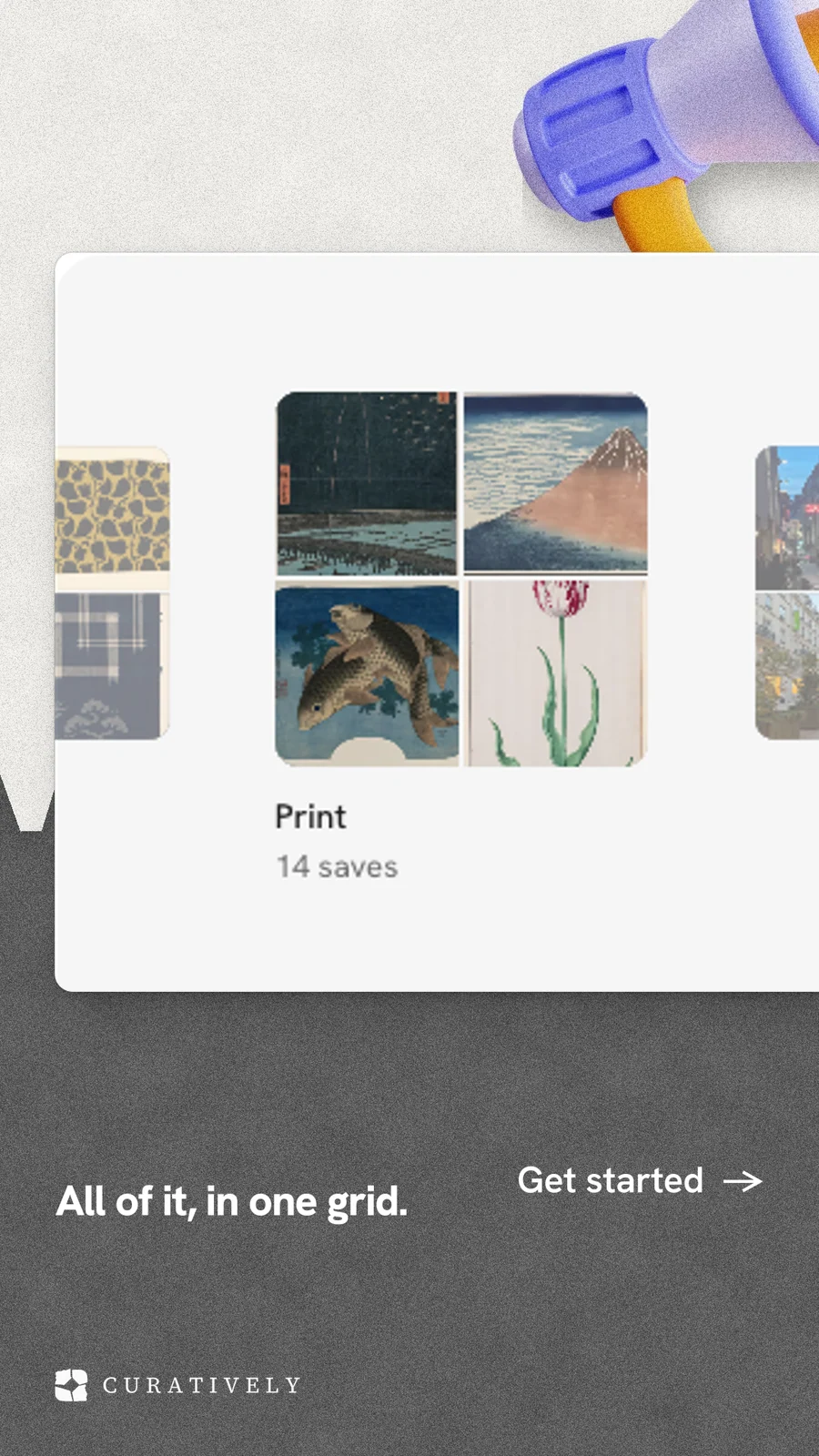 Instagram story for Curatively: "All of it, in one grid." Paper trio style, image led layout, light palette in grey, white.