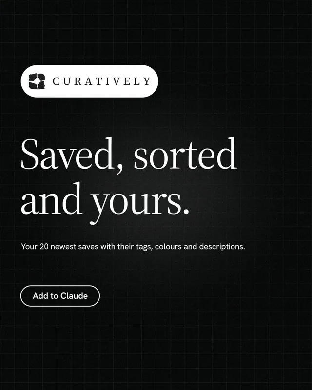 Instagram portrait post for Curatively: "Saved, sorted and yours." Phosphor atlas style, announce layout, dark palette in black, grey.