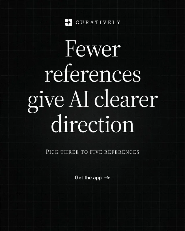 Instagram portrait post for Curatively: "Fewer references give AI clearer direction". Phosphor atlas style, smallcaps layout, dark palette in black.