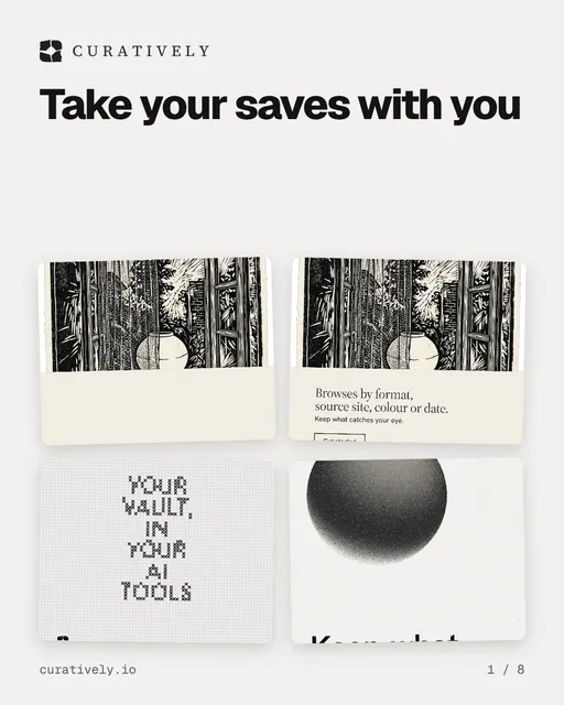 Carousel for Curatively: "Take your saves with you". Collection carousel, 8 slides, light palette.