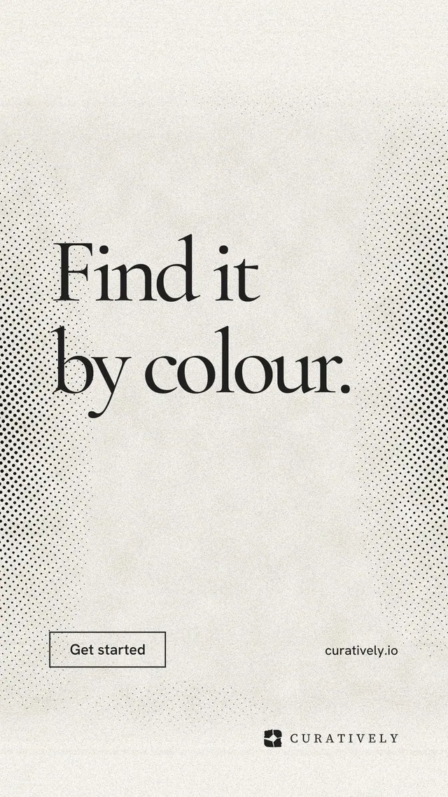 Instagram story for Curatively: "Find it by colour." Editorial style, poster layout, light palette in yellow, white, grey.