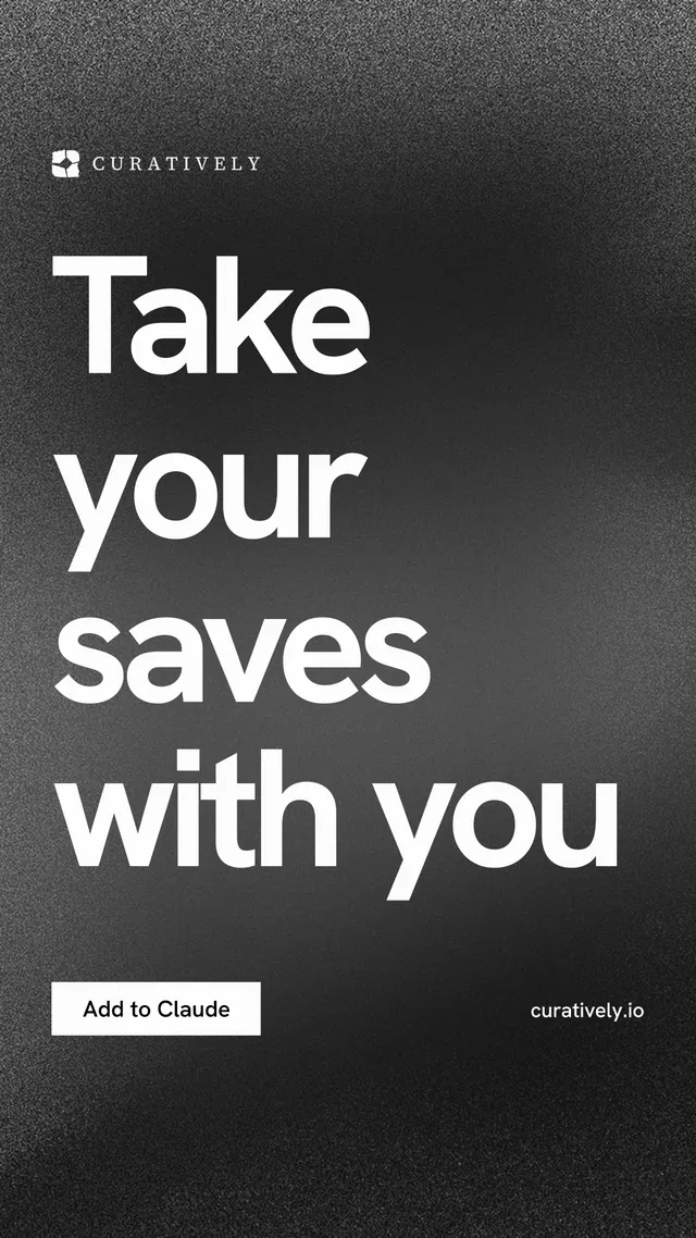 Instagram story for Curatively: "Take your saves with you". Swiss style, poster layout, dark palette in black, grey.