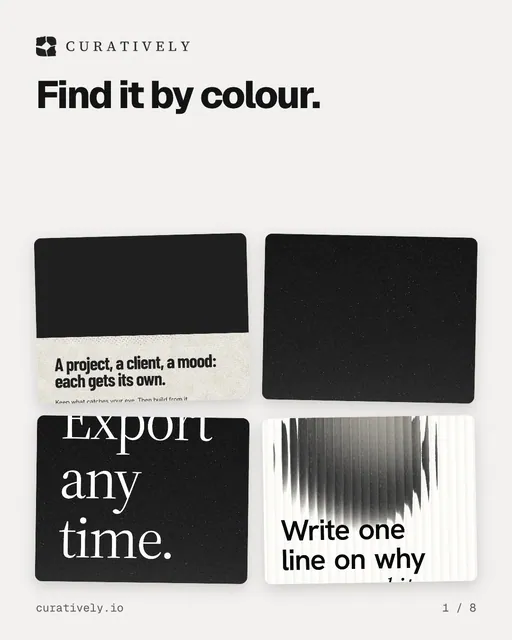 Carousel for Curatively: "Find it by colour.". Collection carousel, 8 slides, light palette.