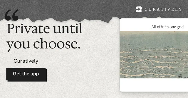 Social ad for Curatively: "Private until you choose." Paper trio style, quote layout, light palette in white, grey.