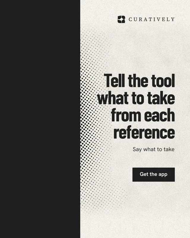 Instagram portrait post for Curatively: "Tell the tool what to take from each reference". Ink sticker style, right layout, light palette in black, yellow, white.