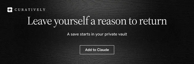 X header for Curatively: "Leave yourself a reason to return". Dark deco style, centred layout, dark palette in black, grey.