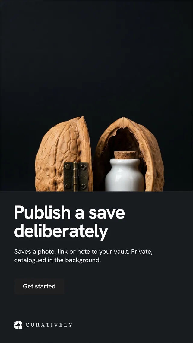 Instagram story for Curatively: "Publish a save deliberately". Swiss style, bottom layout, dark palette in black, grey.