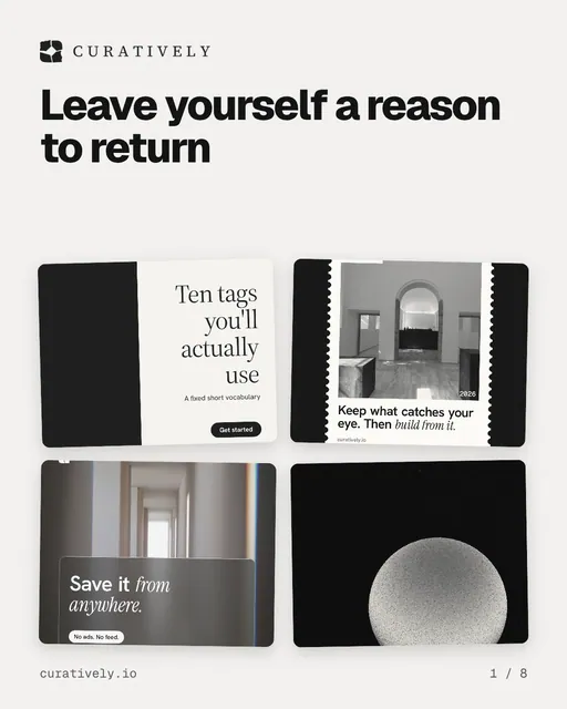 Carousel for Curatively: "Leave yourself a reason to return". Collection carousel, 8 slides, light palette.