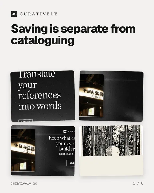 Carousel for Curatively: "Saving is separate from cataloguing". Collection carousel, 8 slides, light palette.