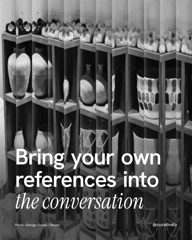 Instagram portrait post for Curatively: "Bring your own references into the conversation". Photo style, technique:fluted glass layout, dark palette in grey, black.