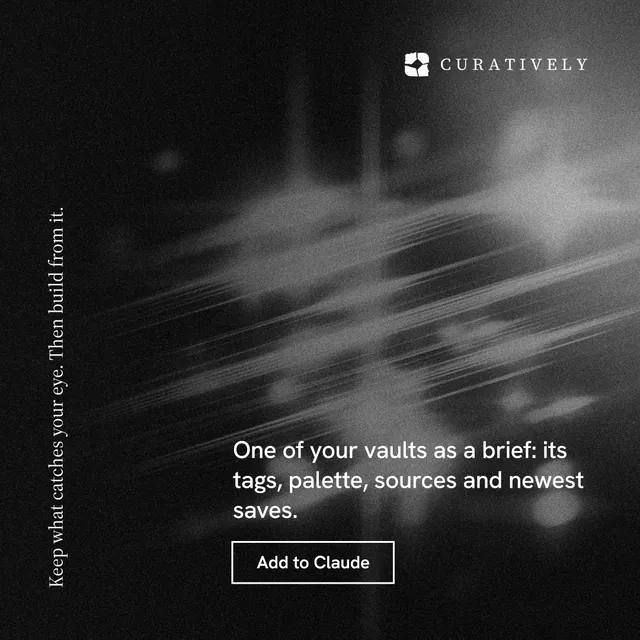 Instagram post for Curatively: "Keep what catches your eye. Then build from it." Dark deco style, vertical layout, dark palette in grey, black.