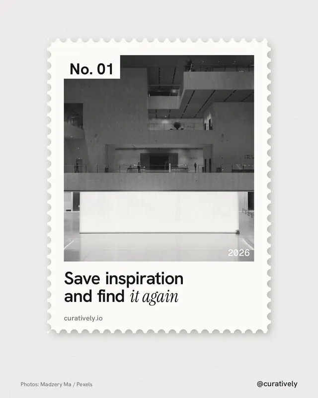 Instagram portrait post for Curatively: "Save inspiration and find it again". Single style, technique:stamp series layout, light palette in white, grey.