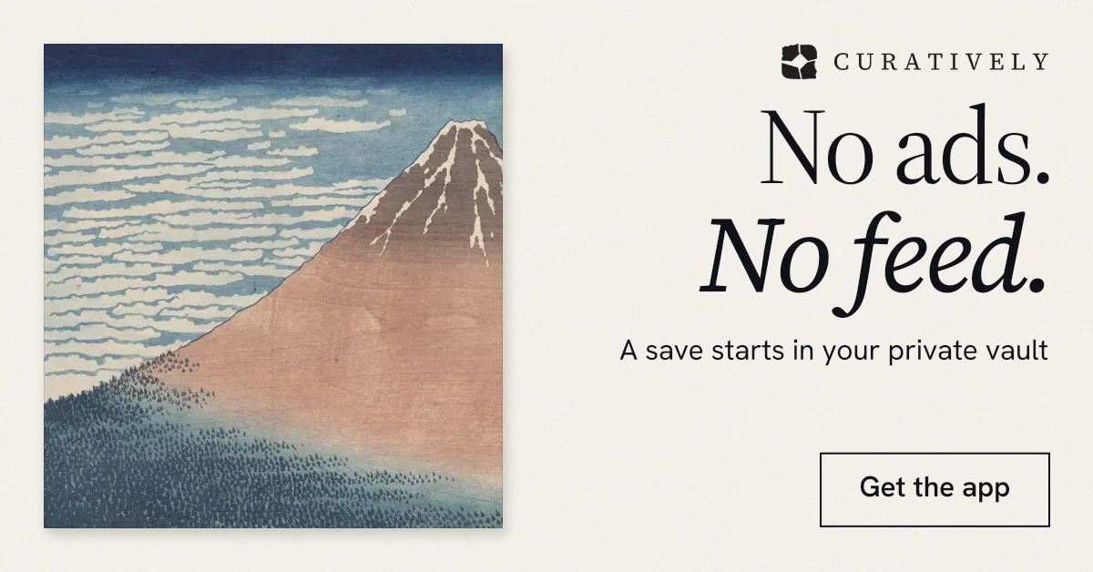 Social ad for Curatively: "No ads. No feed." Editorial style, right layout, light palette in grey, white.