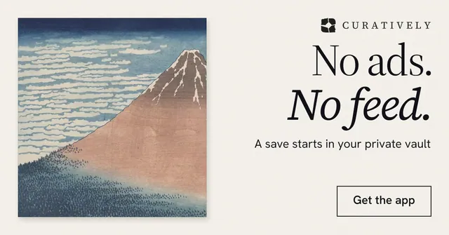 Social ad for Curatively: "No ads. No feed." Editorial style, right layout, light palette in grey, white.