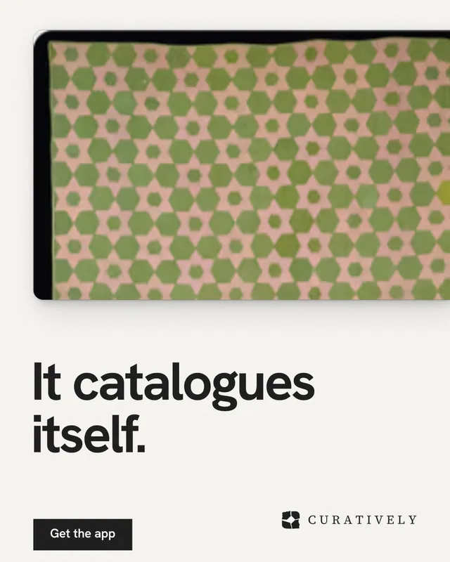 Instagram portrait post for Curatively: "It catalogues itself." Swiss style, bottom layout, light palette in white, yellow.