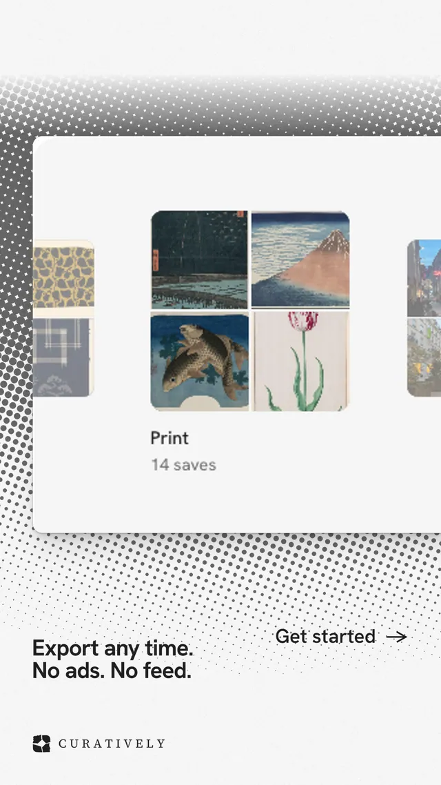 Instagram story for Curatively: "Export any time. No ads. No feed." Swiss style, image led layout, light palette in white, grey.