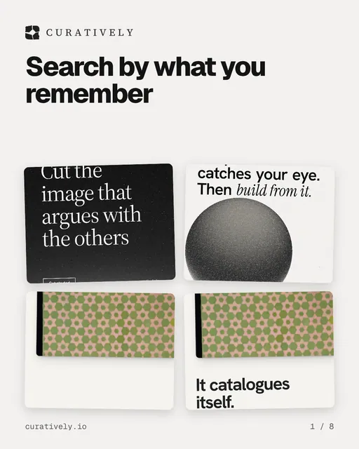 Carousel for Curatively: "Search by what you remember". Collection carousel, 8 slides, light palette.