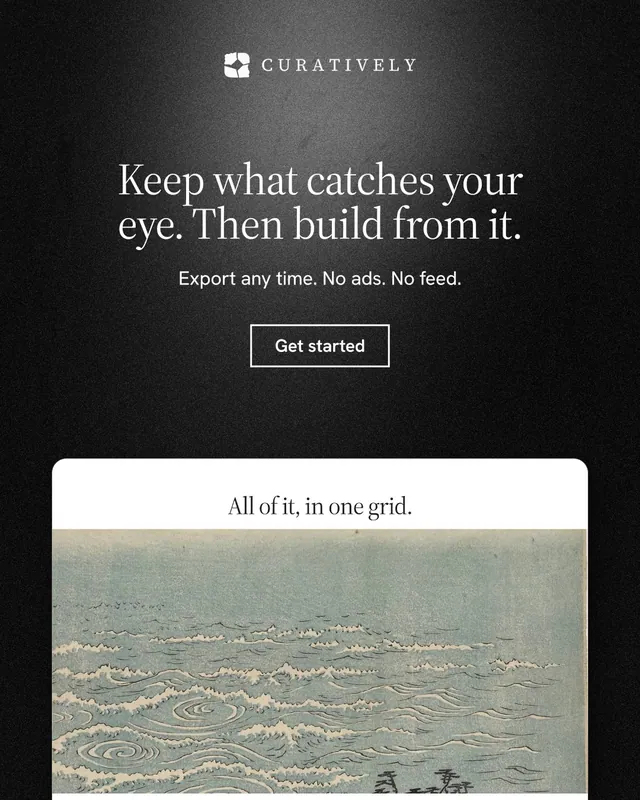 Instagram portrait post for Curatively: "Keep what catches your eye. Then build from it." Dark deco style, centred layout, dark palette in grey, black.