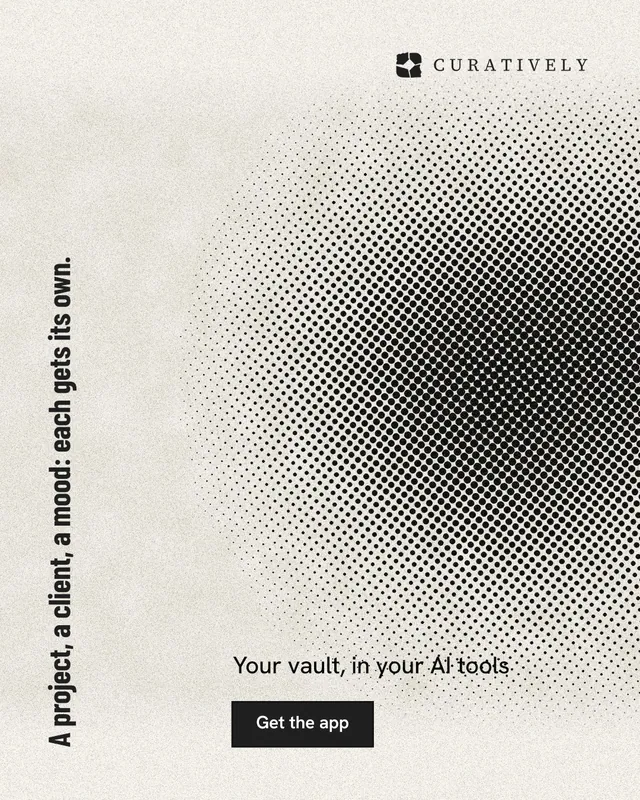 Instagram portrait post for Curatively: "A project, a client, a mood: each gets its own." Ink sticker style, vertical layout, light palette in white, grey, yellow.