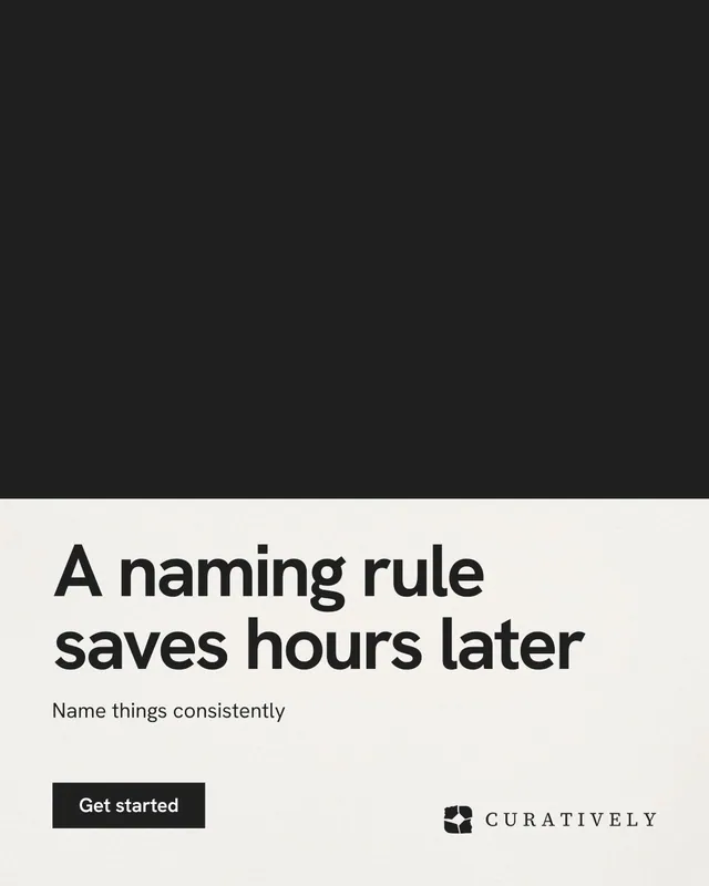 Instagram portrait post for Curatively: "A naming rule saves hours later". Swiss style, bottom layout, light palette in black, white.