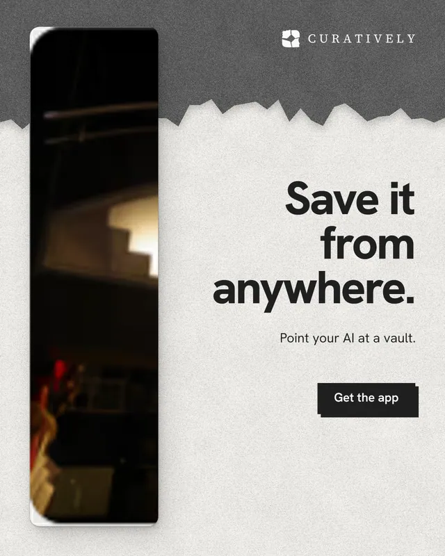 Instagram portrait post for Curatively: "Save it from anywhere." Paper trio style, right layout, light palette in black, white, grey.