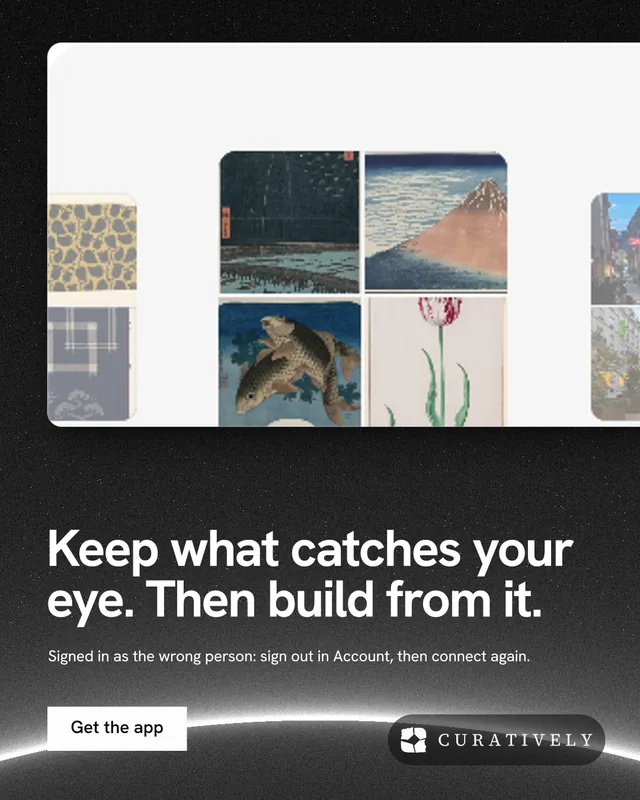 Instagram portrait post for Curatively: "Keep what catches your eye. Then build from it." Swiss style, bottom layout, light palette in white, black, grey.