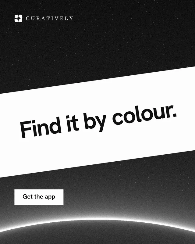 Instagram portrait post for Curatively: "Find it by colour." Swiss style, diagonal layout, light palette in white, black, grey.