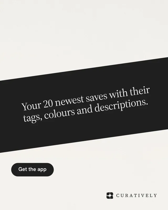 Instagram portrait post for Curatively: "Your 20 newest saves with their tags, colours and descriptions." Data card style, diagonal layout, light palette in white, black.