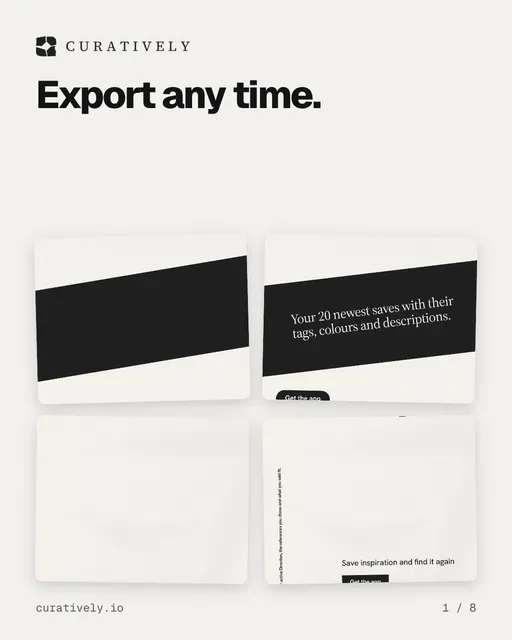 Carousel for Curatively: "Export any time.". Collection carousel, 8 slides, light palette.