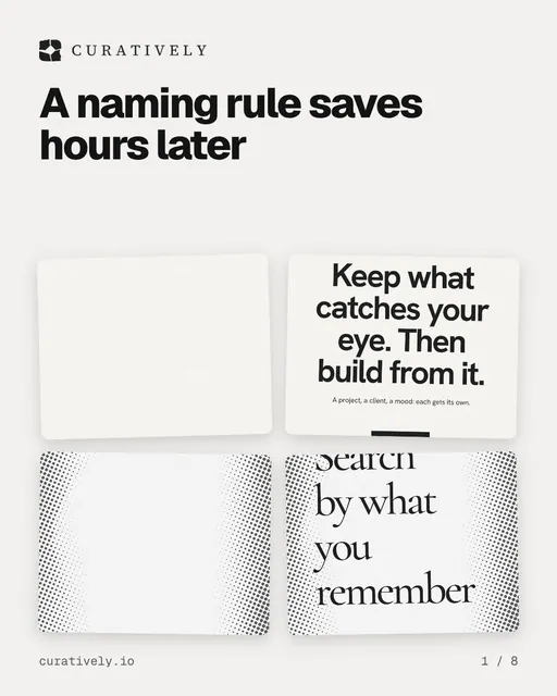 Carousel for Curatively: "A naming rule saves hours later". Collection carousel, 8 slides, light palette.