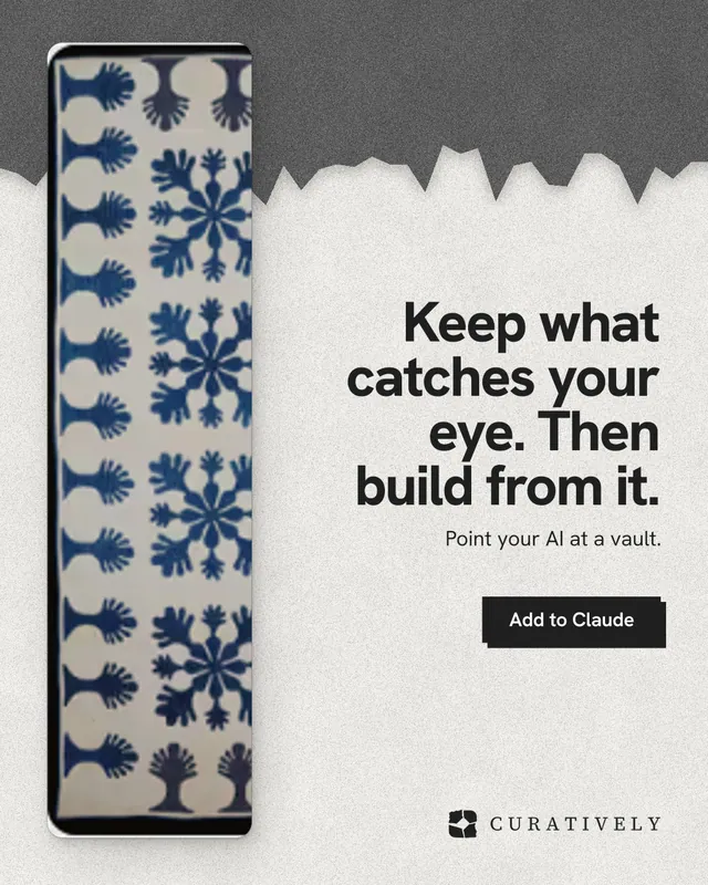 Instagram portrait post for Curatively: "Keep what catches your eye. Then build from it." Paper trio style, right layout, light palette in white, grey.