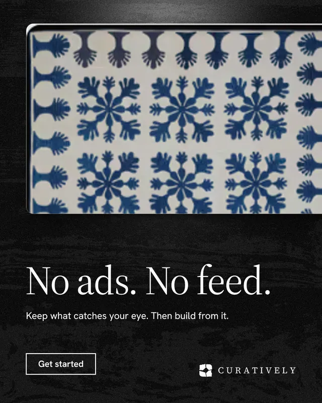 Instagram portrait post for Curatively: "No ads. No feed." Dark deco style, bottom layout, dark palette in grey, black.