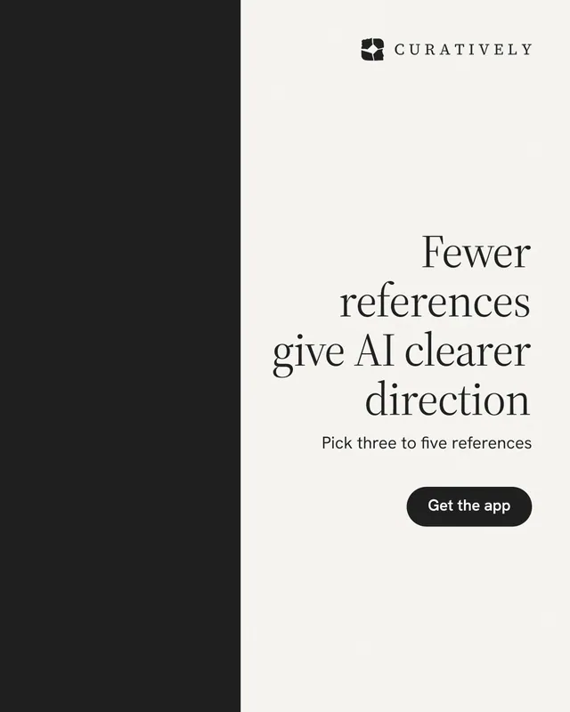 Instagram portrait post for Curatively: "Fewer references give AI clearer direction". Data card style, right layout, light palette in white, black.