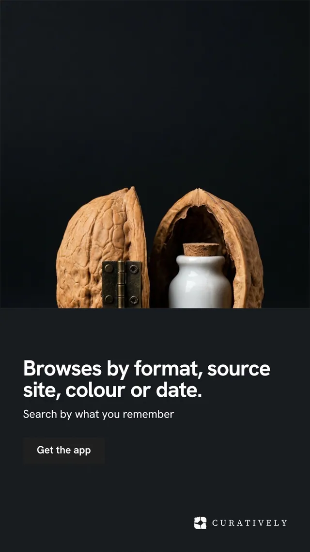 Instagram story for Curatively: "Browses by format, source site, colour or date." Swiss style, bottom layout, dark palette in black, grey.