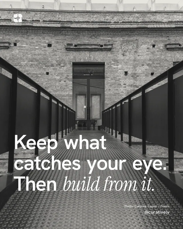 Instagram portrait post for Curatively: "Keep what catches your eye. Then build from it." Duotone style, technique:pexels ingredient layout, dark palette in black, grey.