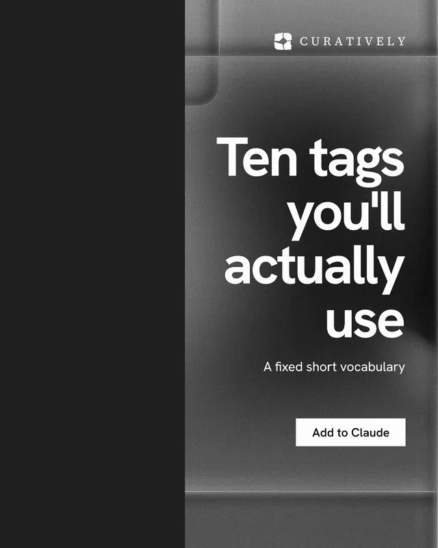 Instagram portrait post for Curatively: "Ten tags you'll actually use". Swiss style, right layout, dark palette in black, grey.
