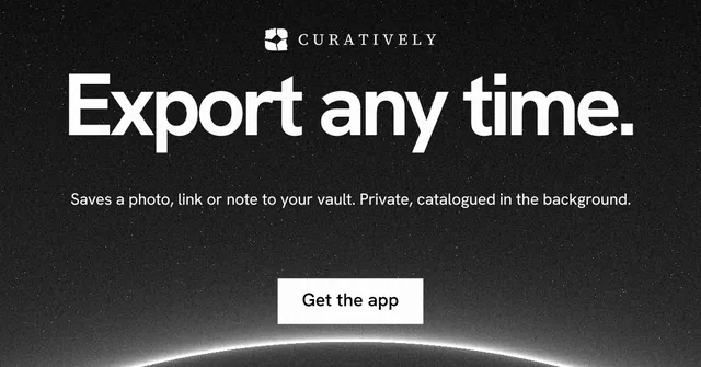 Social ad for Curatively: "Export any time." Swiss style, centred layout, dark palette in black, grey.