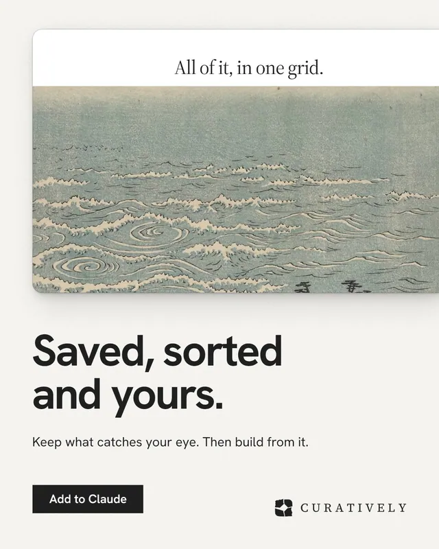 Instagram portrait post for Curatively: "Saved, sorted and yours." Swiss style, bottom layout, light palette in white, grey.