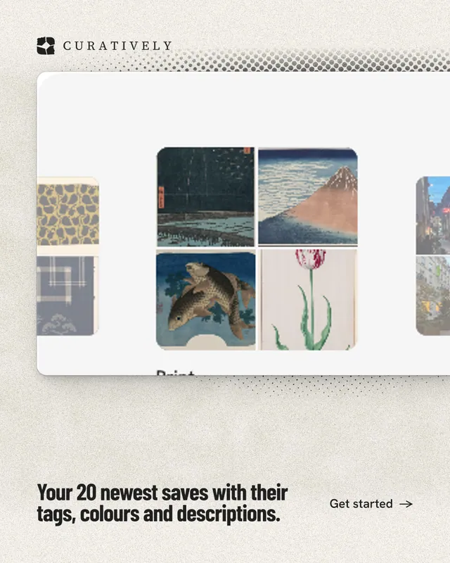 Instagram portrait post for Curatively: "Your 20 newest saves with their tags, colours and descriptions." Ink sticker style, image led layout, light palette in white, yellow, grey.