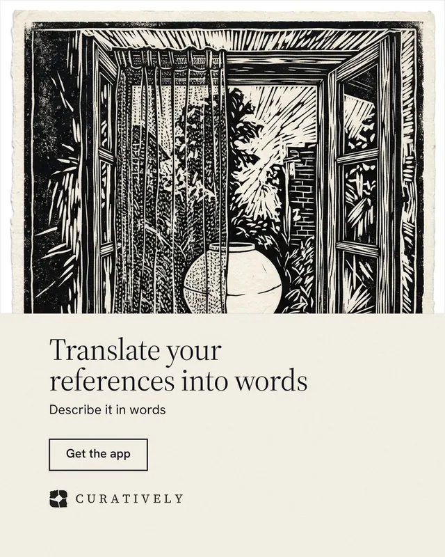 Instagram portrait post for Curatively: "Translate your references into words". Editorial style, bottom layout, light palette in yellow, black, grey.