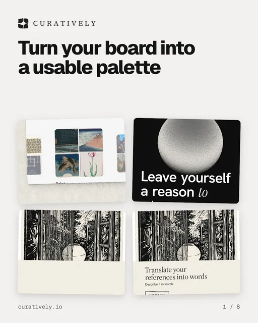 Carousel for Curatively: "Turn your board into a usable palette". Collection carousel, 8 slides, light palette.