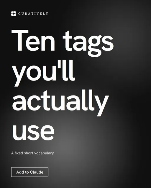 Video for Curatively: "Ten tags you'll actually use". Doc motion loop, 6.0 s, dark palette.