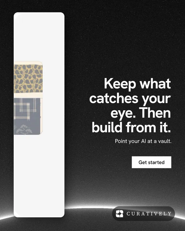 Instagram portrait post for Curatively: "Keep what catches your eye. Then build from it." Swiss style, right layout, dark palette in white, black, grey.