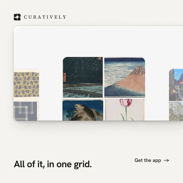 Instagram post for Curatively: "All of it, in one grid." Swiss style, image led layout, light palette in white, grey.
