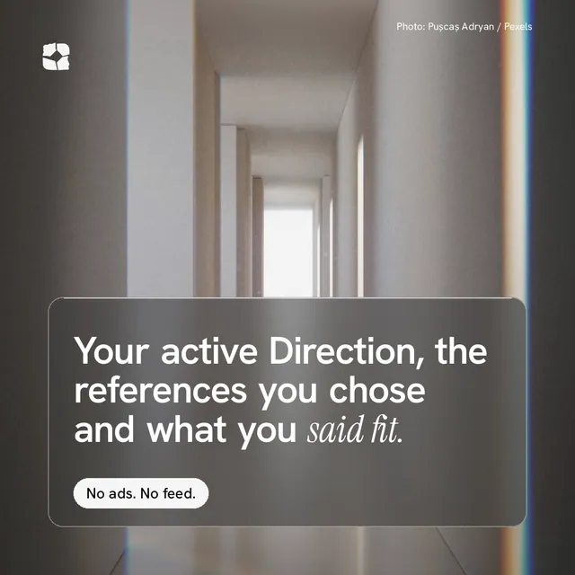 Instagram post for Curatively: "Your active Direction, the references you chose and what you said fit." Glass style, technique:pexels ingredient layout, light palette in grey, black.