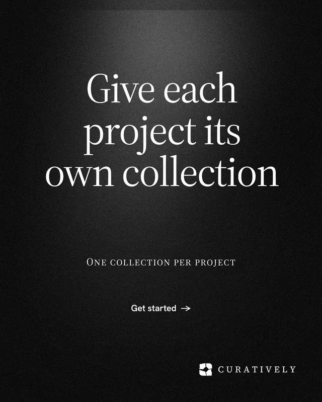 Instagram portrait post for Curatively: "Give each project its own collection". Dark deco style, smallcaps layout, dark palette in black, grey.