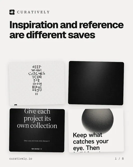 Carousel for Curatively: "Inspiration and reference are different saves". Collection carousel, 8 slides, light palette.