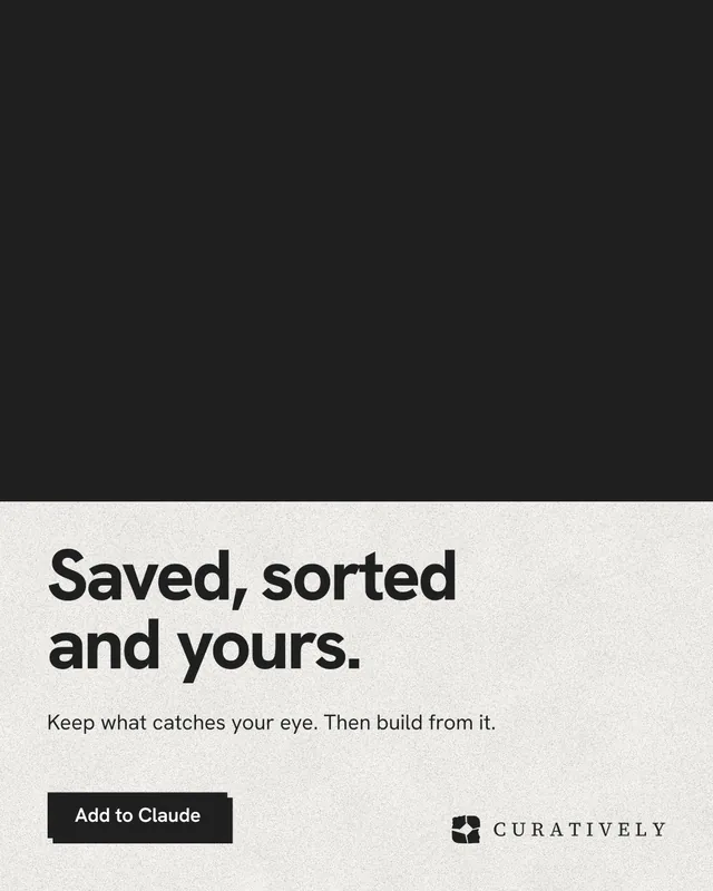 Instagram portrait post for Curatively: "Saved, sorted and yours." Paper trio style, bottom layout, light palette in black, white.