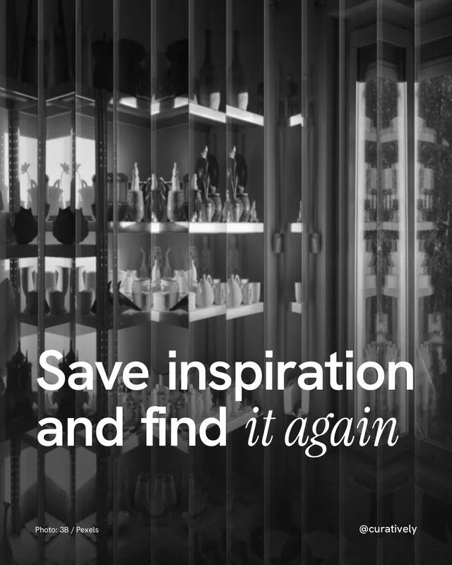 Instagram portrait post for Curatively: "Save inspiration and find it again". Photo style, technique:fluted glass layout, dark palette in grey, black.